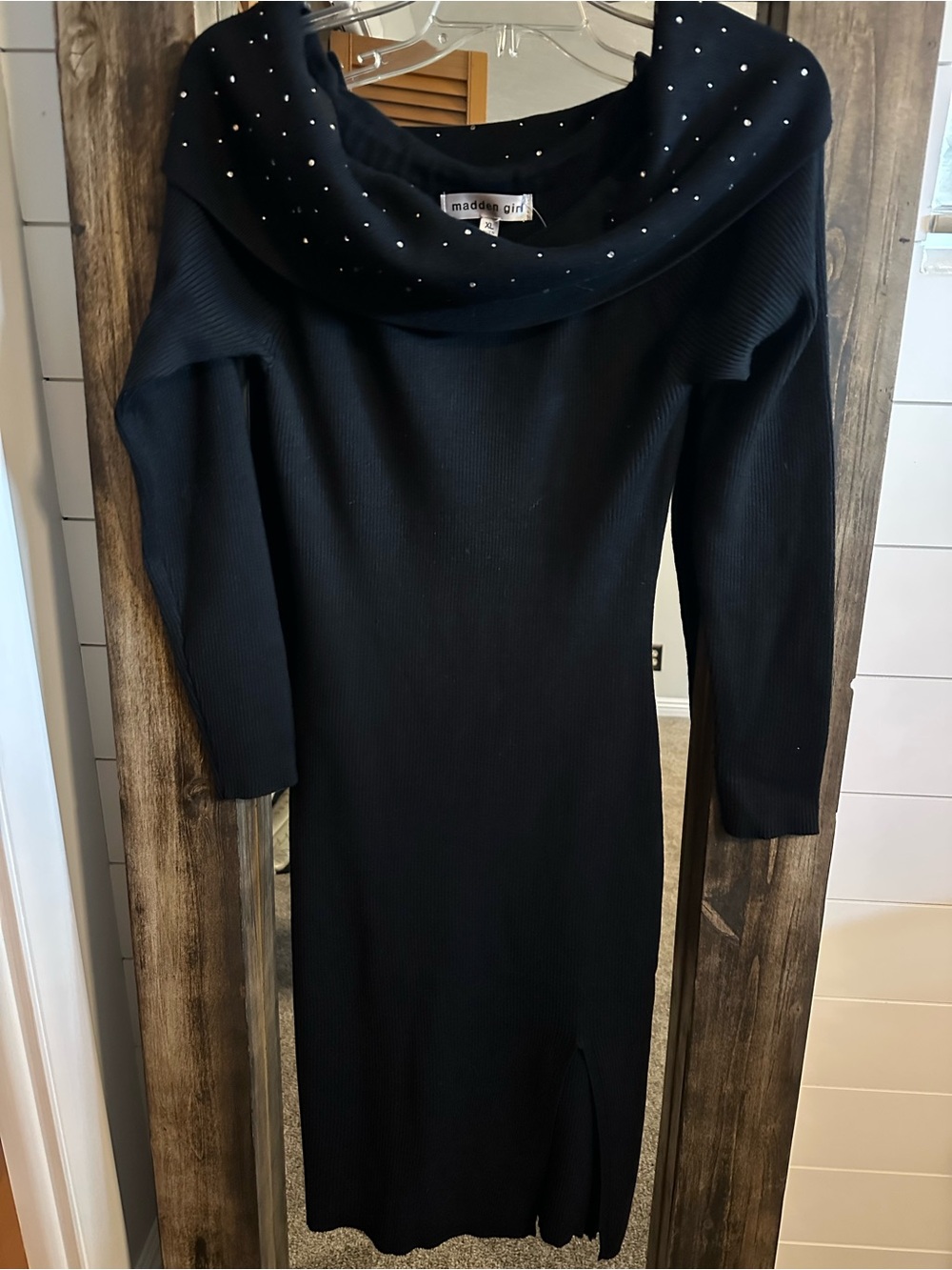 Madden Girl XL Black Rhinestone Cowl Neck Ribbed Sweater Midi Dress Christmas